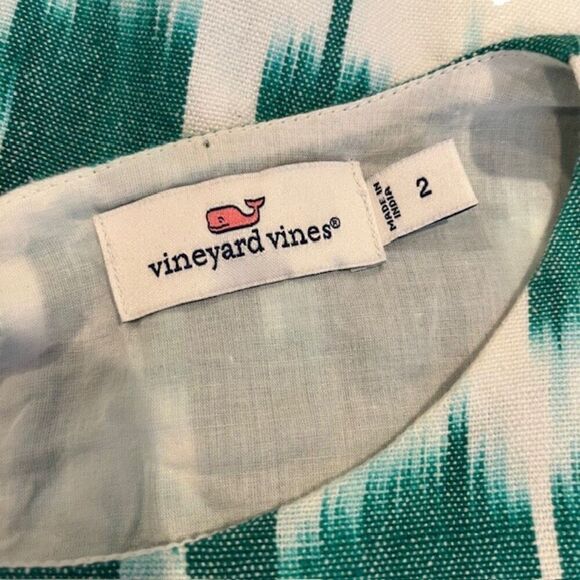 Vineyard Vines Fit and Flare Ikat Green and White Linen Look Cotton Dress Size 2 - Picture 5 of 12